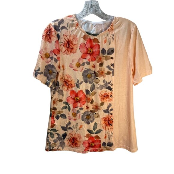 Floral Print Short Sleeve Womens‎ Top With Button Accent - Picture 1 of 10